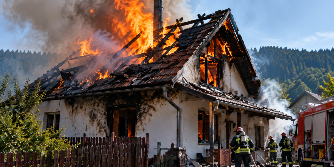 Casă cuprinsă de flăcări la Mironu după ce focul de la boiler s-a extins la acoperiș