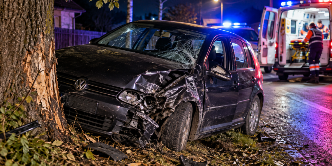 Tânăr de 19 ani, abțiguit și fără permis, înfipt cu mașina într-un copac la Arbore. Doi pasageri, de 16 și 20 de ani, au ajuns la spital