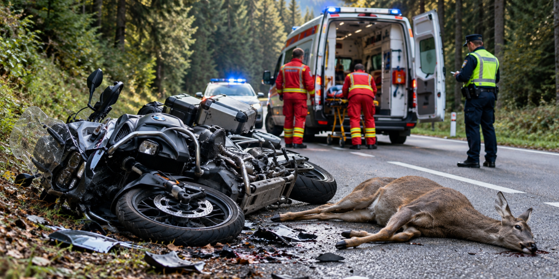 Motociclist rănit după ce o căprioară a ieșit din pădure și a intrat în motocicletă. Animalul a murit în urma impactului