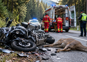 Motociclist rănit după ce o căprioară a ieșit din pădure și a intrat în motocicletă. Animalul a murit în urma impactului