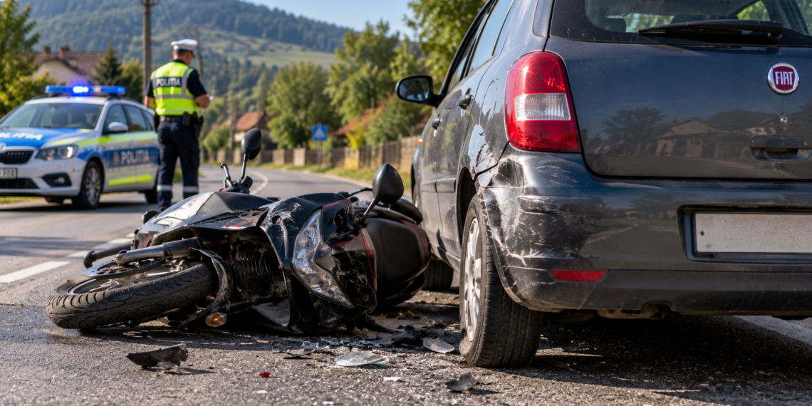 Motociclist fără permis, accident la Pârteștii de Jos. Nu a păstrat distanța și a lovit un autoturism care circula în fața sa. Motocicleta avea certificatul suspendat din 2022 pentru lipsa ITP, iar polițiștii au dat amenzi de aproape 3.000 de lei