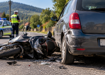 Motociclist fără permis, accident la Pârteștii de Jos. Nu a păstrat distanța și a lovit un autoturism care circula în fața sa. Motocicleta avea certificatul suspendat din 2022 pentru lipsa ITP, iar polițiștii au dat amenzi de aproape 3.000 de lei