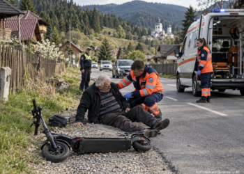 Țeapăn de beat, un bărbat de 66 de ani și-a bușit capul de asfalt după ce a căzut cu trotineta electrică la Șaru Dornei. Etilotestul a indicat 1,48 mg/l