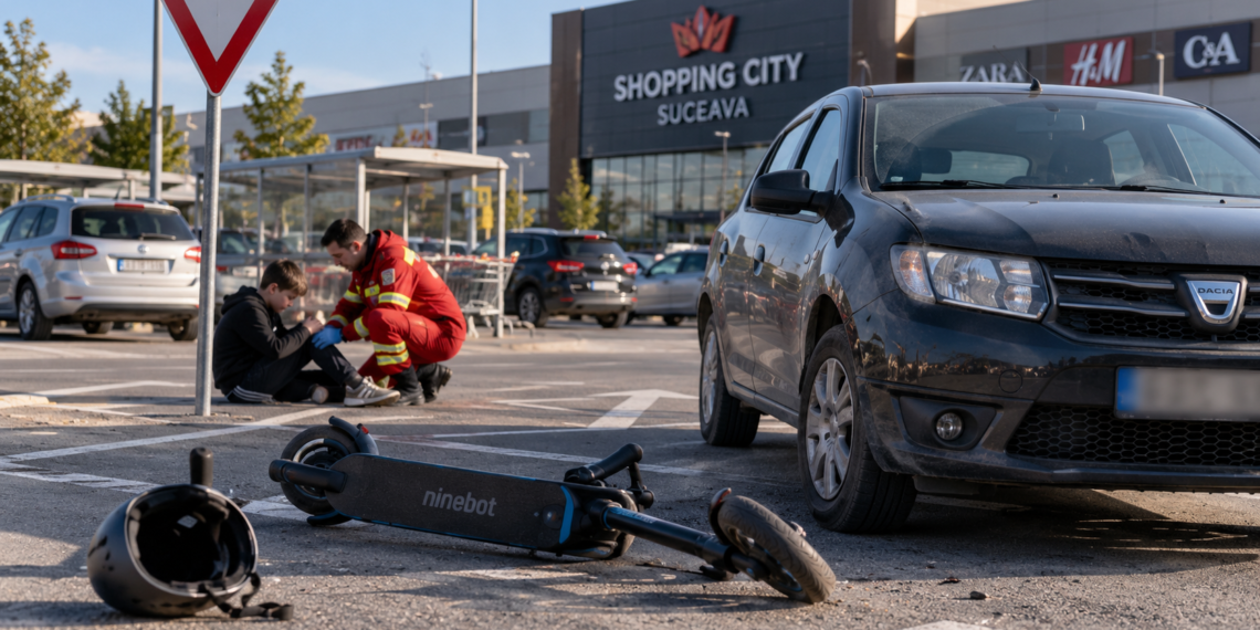 Copil de 10 ani, rănit în parcarea Shopping City Suceava după ce nu a acordat prioritate unui autoturism, în timp ce circula pe trotinetă electrică