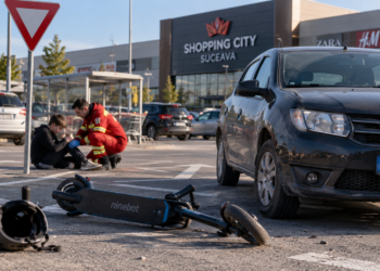 Copil de 10 ani, rănit în parcarea Shopping City Suceava după ce nu a acordat prioritate unui autoturism, în timp ce circula pe trotinetă electrică