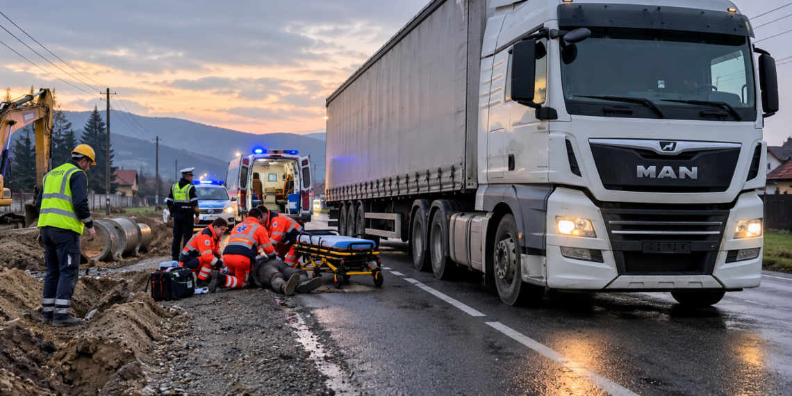 Muncitor lovit de un camion, în timp ce traversa un drum din Marginea. Bărbatul lucra la instalarea canalizării