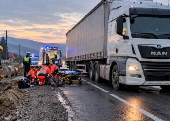 Muncitor lovit de un camion, în timp ce traversa un drum din Marginea. Bărbatul lucra la instalarea canalizării