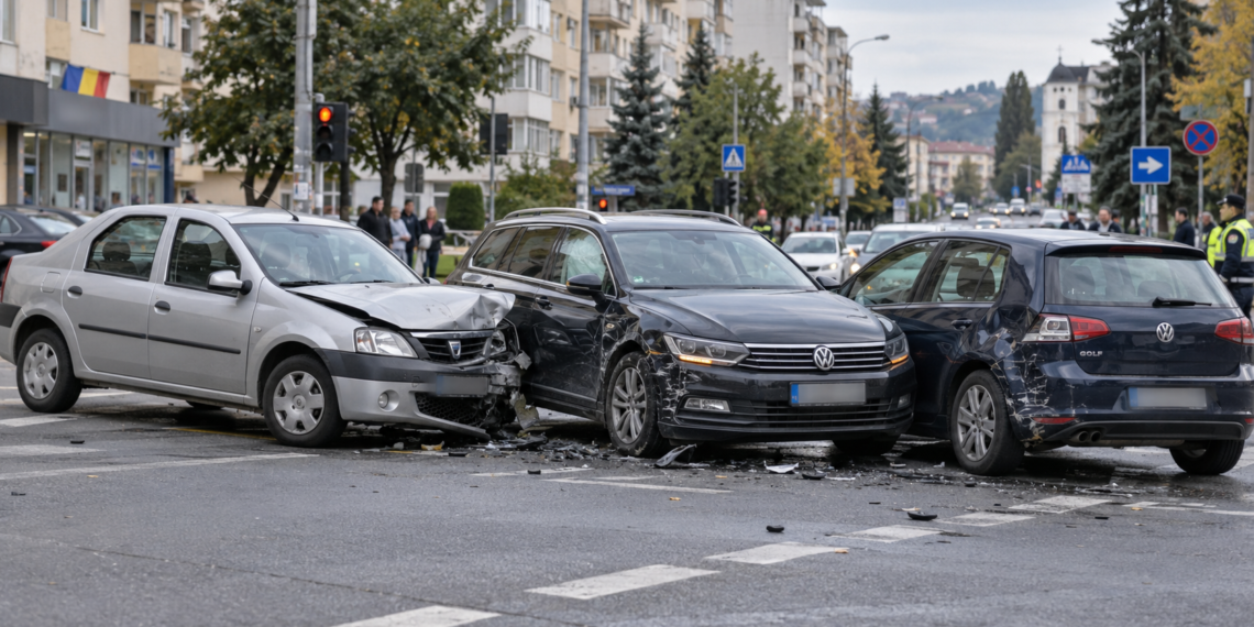 Accident cu trei mașini pe bulevardul George Enescu din Suceava. O șoferiță de 22 de ani a ajuns la spital după ce un tânăr nu i-a acordat prioritate