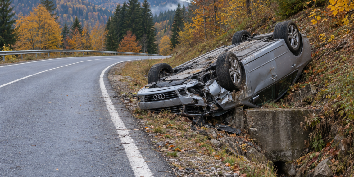 Șofer băut, răsturnat cu un Audi pe raza localității Vatra Dornei după ce a lovit un cap de pod. Avea 0,59 mg/l alcool în aerul expirat