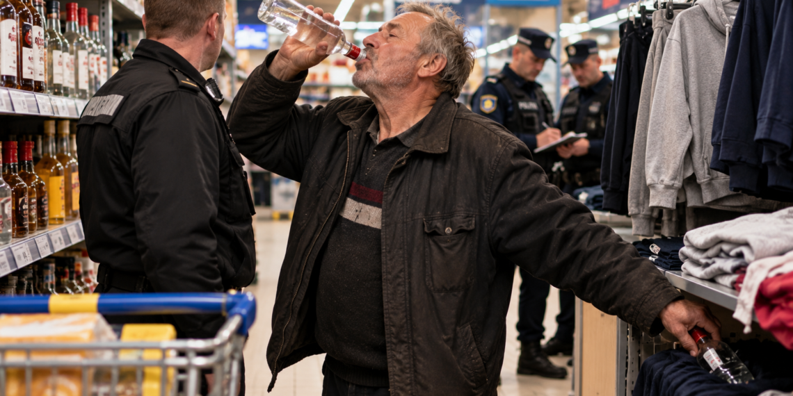 Un bărbat de 67 de ani a băut o jumătate de litru de vodcă în Lidl Fălticeni, apoi a ascuns sticla goală la raionul de haine. Nu avea niciun leu la el și le-a spus polițiștilor că este consumator înrăit de alcool și nu s-a putut abține