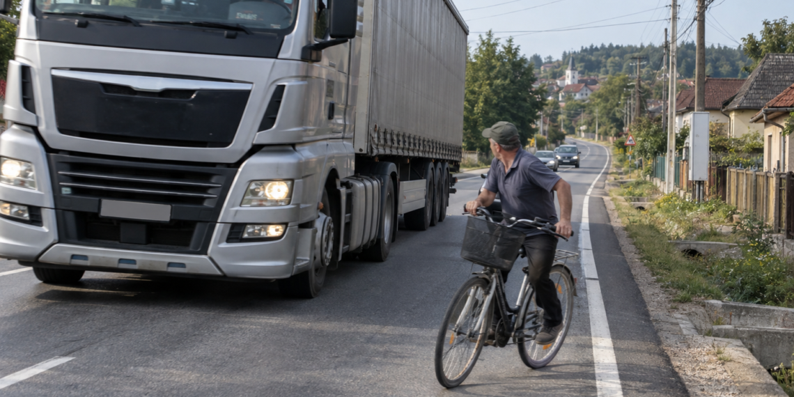 Clipa de neatenție care l-a trimis la spital. Biciclist lovit de un TIR după ce ar fi virat la stânga fără să se asigure