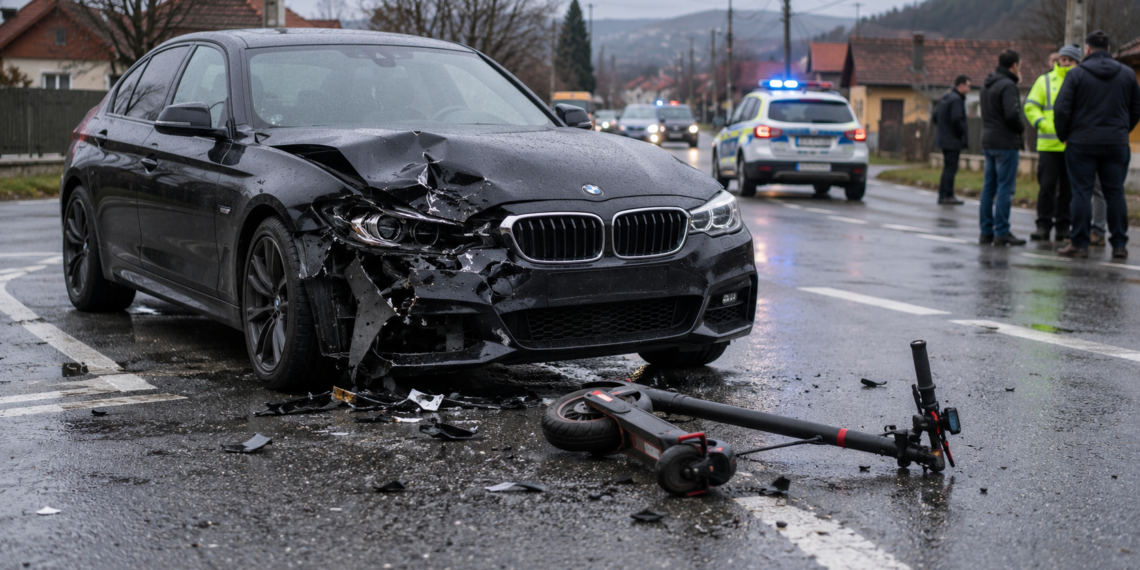 Doi frați de 16 și 12 ani, aflați pe aceeași trotinetă, au ajuns la spital după ce au fost loviți de un BMW condus de o șoferiță care nu le-a acordat prioritate. Adolescentul care conducea trotineta a fost amendat