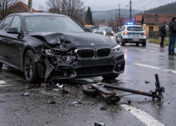 Doi frați de 16 și 12 ani, aflați pe aceeași trotinetă, au ajuns la spital după ce au fost loviți de un BMW condus de o șoferiță care nu le-a acordat prioritate. Adolescentul care conducea trotineta a fost amendat