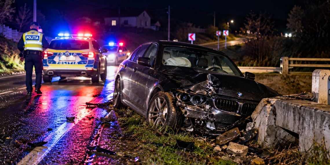 Urmărire sfârșită într-un cap de pod, la Horodniceni. Fugarul fără permis conducea un BMW cu ITP-ul expirat din 2024 și fără RCA. Pasagerul a ajuns la spital