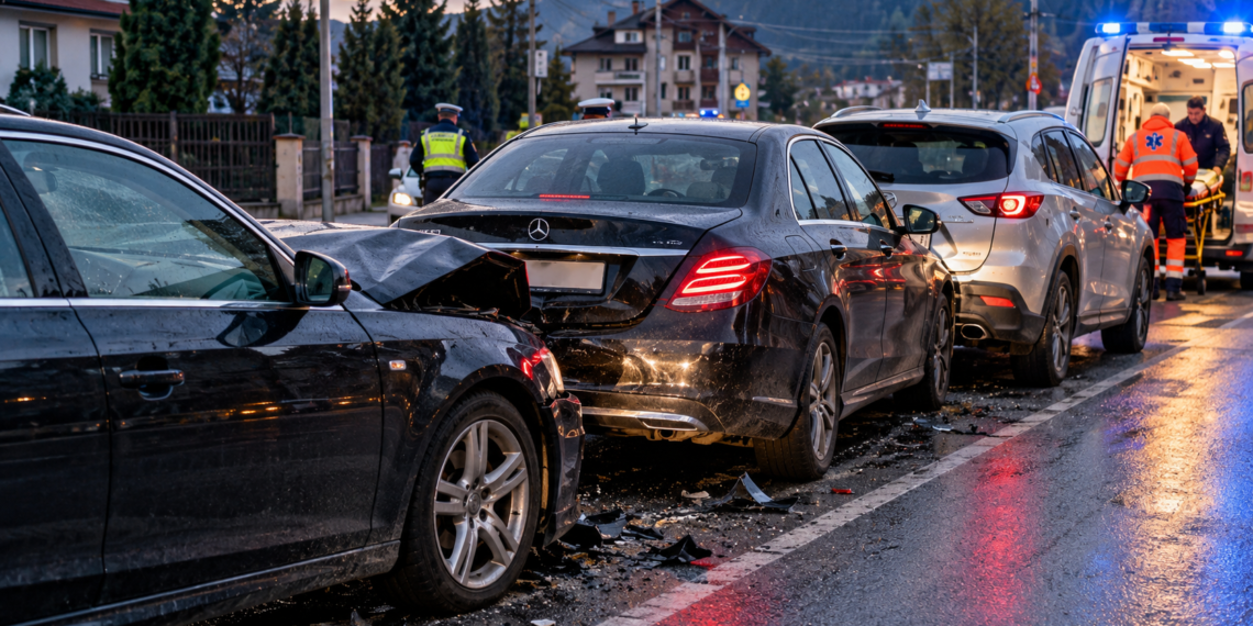 Un șofer de Audi a intrat într-un Mercedes oprit în coloană și l-a proiectat într-o Mazda. O femeie care nu purta centura de siguranță a ajuns la spital