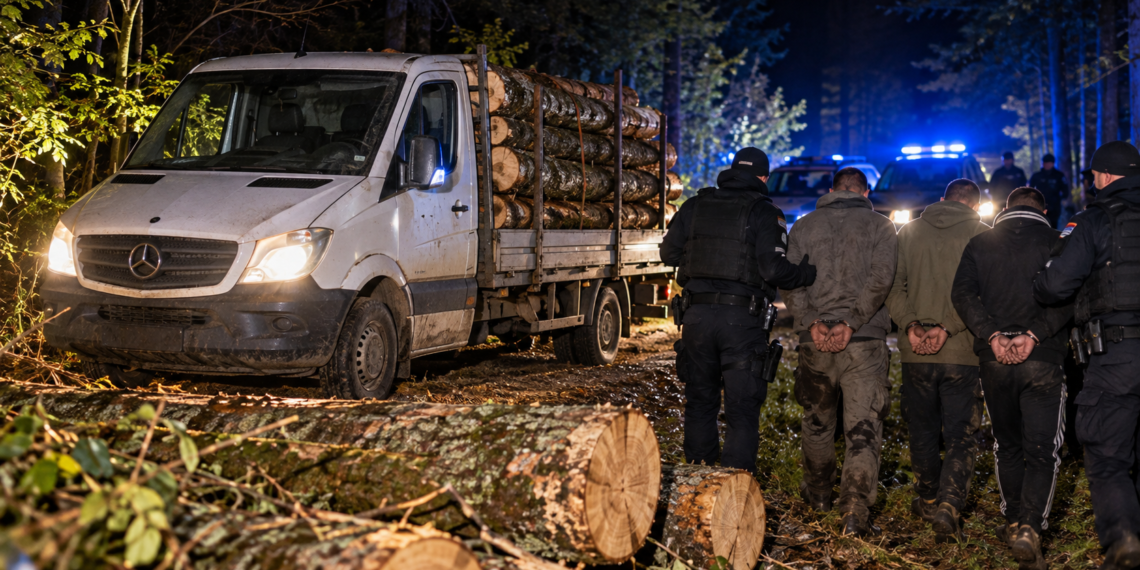 Furt de lemne ca-n filme la Boroaia. Autoutilitară urmărită kilometri întregi, suspecți care au sărit din mers și 2,3 mc de fag găsiți în benă. Trei bărbați au fost reținuți