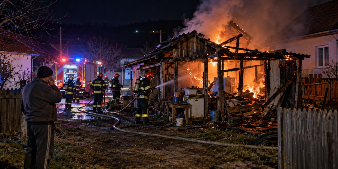 Un bărbat beat a adormit cu țigara aprinsă și a dat foc anexei în care locuia, la Praxia. S-a trezit în ultima clipă și a fugit să-și salveze viața