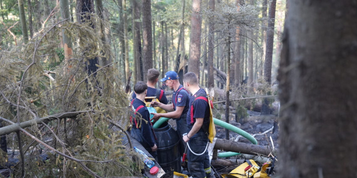 A treia zi de luptă cu incendiul din pădurea de la Marginea! Focul continuă să ardă sub pământ, alimentat de turbă. Aproximativ 15 hectare au fost afectate, iar pompierii răscolesc și inundă solul pentru a stinge focarele ascunse