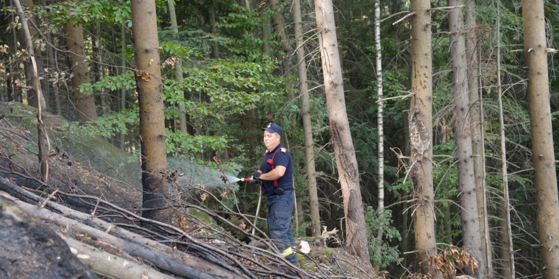 A treia zi de luptă cu incendiul din pădurea de la Marginea! Focul continuă să ardă sub pământ, alimentat de turbă. Aproximativ 15 hectare au fost afectate, iar pompierii răscolesc și inundă solul pentru a stinge focarele ascunse