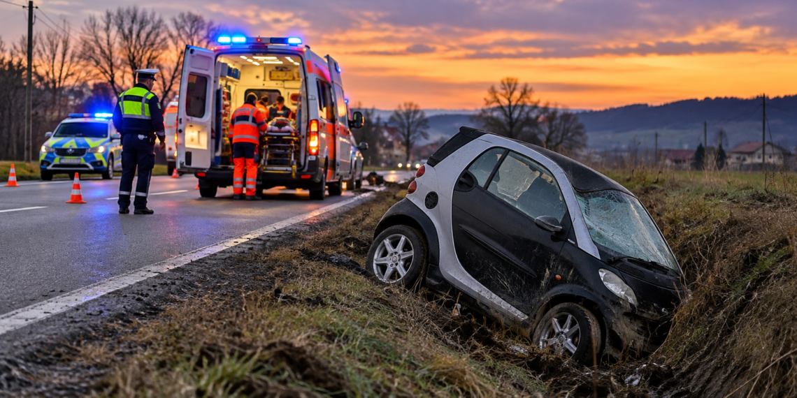 Un Smart a făcut o tumbă în șanț, la Vicovu de Jos, și a ajuns din nou pe roți. Șoferul nu a putut fi testat cu etilotestul din cauza leziunilor suferite