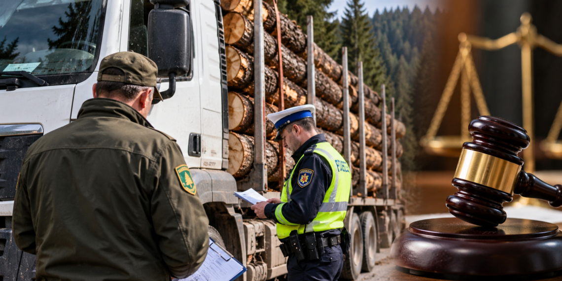 Tehnician silvic, condamnat după ce a transportat aproape 14 metri cubi de lemn fără aviz SUMAL. Camionul folosit la transport aparținea firmei administrate de tatăl său