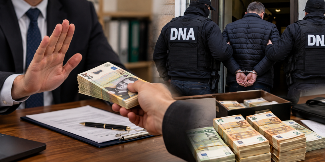Inspector de la Fondul pentru Mediu, prins în flagrant când lua mită 45.000 de lei de la o firmă. Procurorii DNA au găsit aproape 90.000 de euro în locuința sa. A fost arestat preventiv