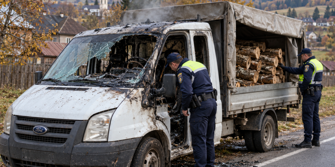 Transport ilegal de lemne, descoperit după ce autoutilitara care le transporta a luat foc. Polițiștii au confiscat întreaga încărcătură